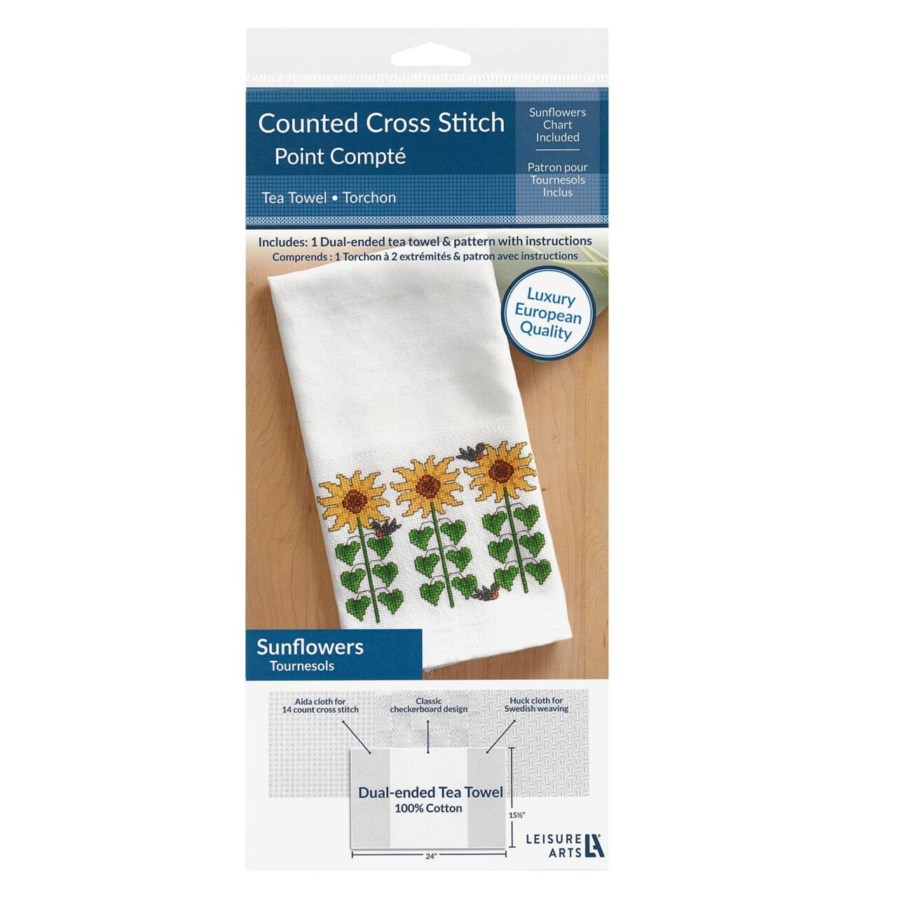 Leisure Arts Dual Ended Huck and Aida Tea Towel Cross Stitch Kit, Sunflowers, Cotton Towel, with Swedish Weave and Cross Stitch Panels